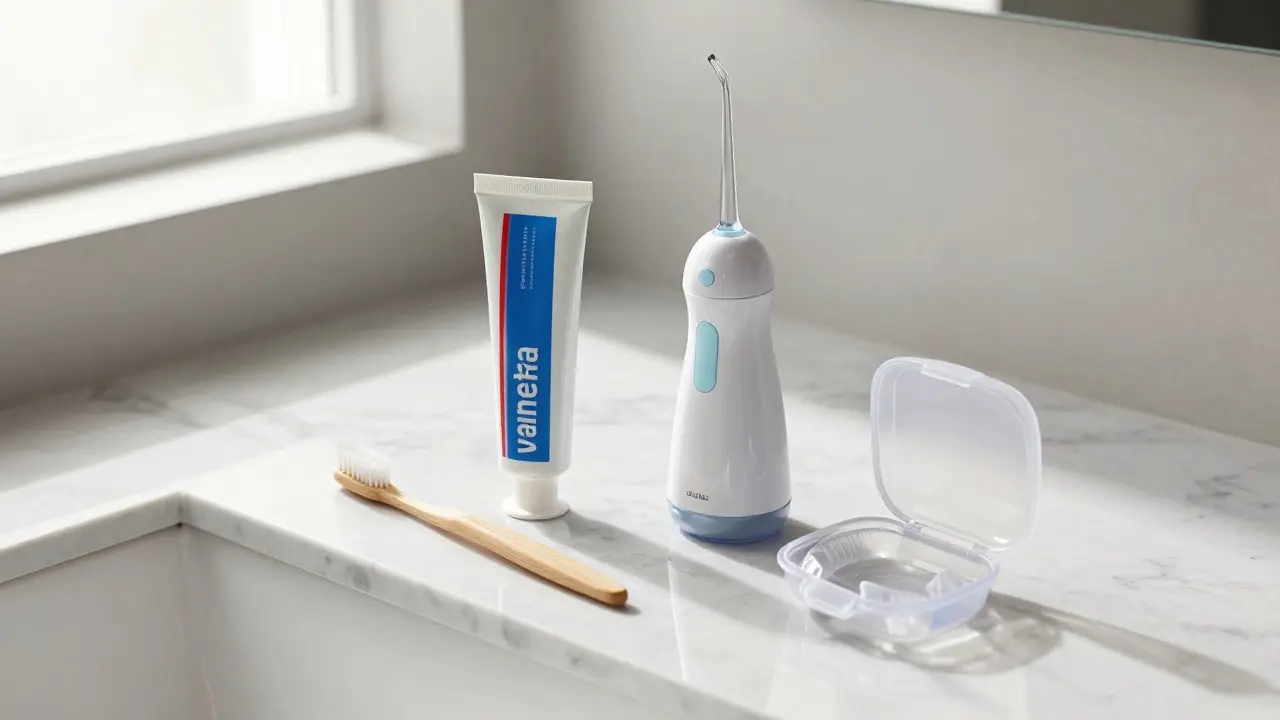 Hygienické pomůcky pro péči o zubní fazety na umyvadle