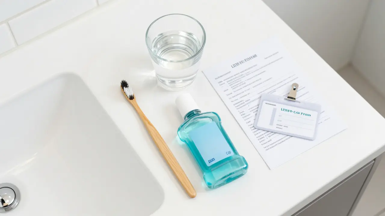 Hygienické potřeby a seznam léků na umyvadle jako příprava na zubní zákrok