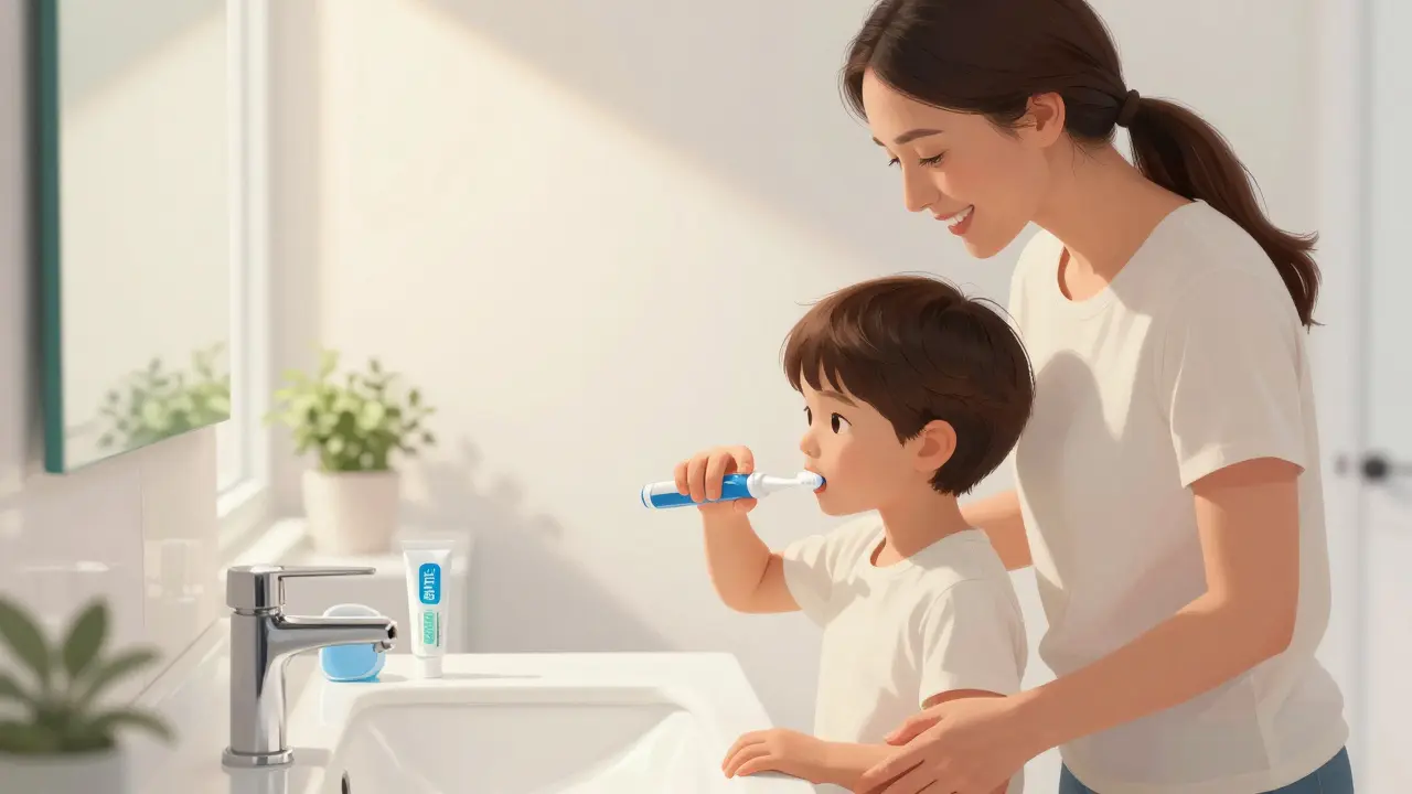 Matka pomáhá dítěti čistit zuby elektrickou kartáčkou doma