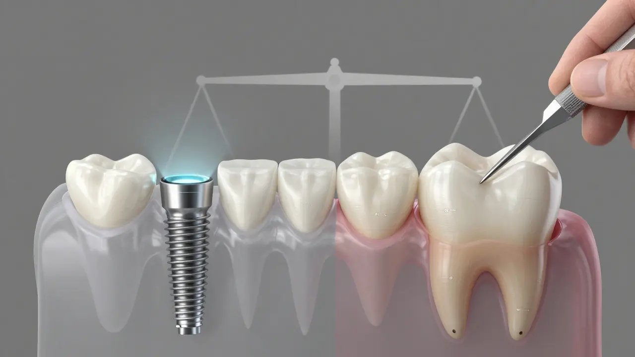 Srovnání zubního implantátu a kompozitního bondingu v konceptuální ilustraci