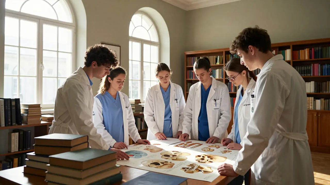 Studenti medicíny studují anatomii lebky v knihovně
