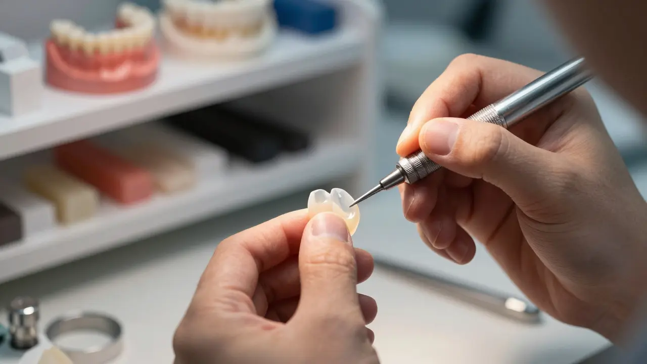 Technik v laboratoři ručně vyrábí keramický zubní lištový implantát