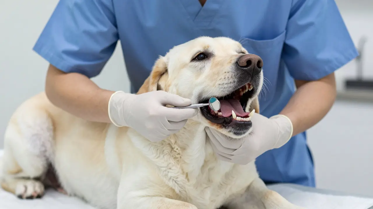 Veterinář kontroluje zuby labradora