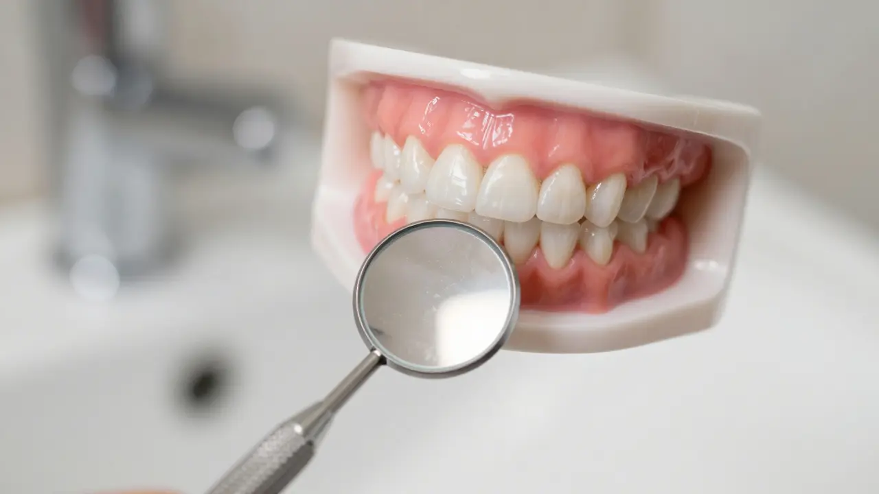 Detailní pohled na zdravé zuby při kontrole zrcátkem