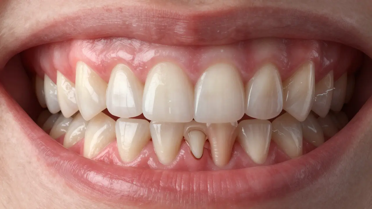 Ilustrace ústupu dásně a odhaleného citlivého krčku zubu