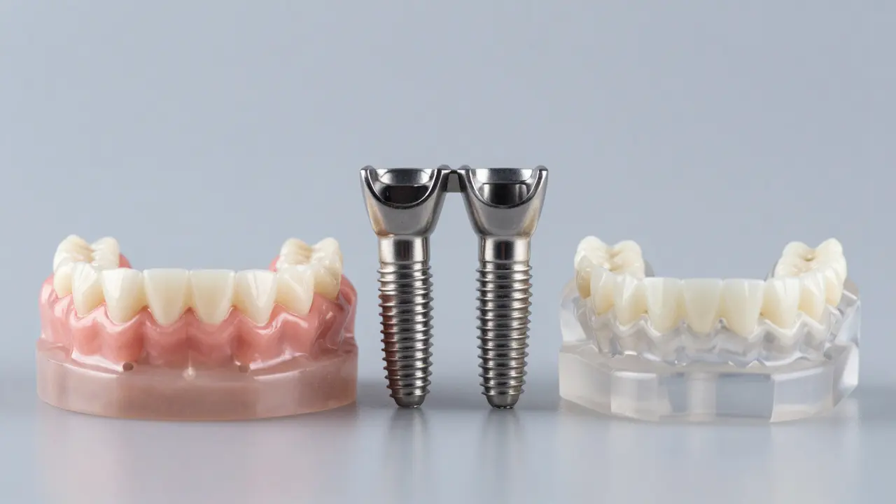 Modely zubního můstku, implantátů a protézy vedle sebe