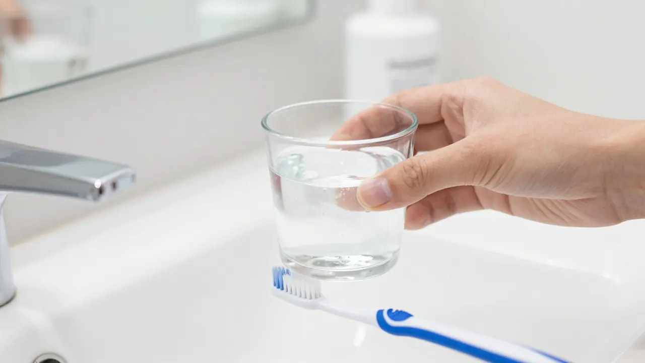 Šálka slané vody a měkký zubní kartáček pro ústní hygienu