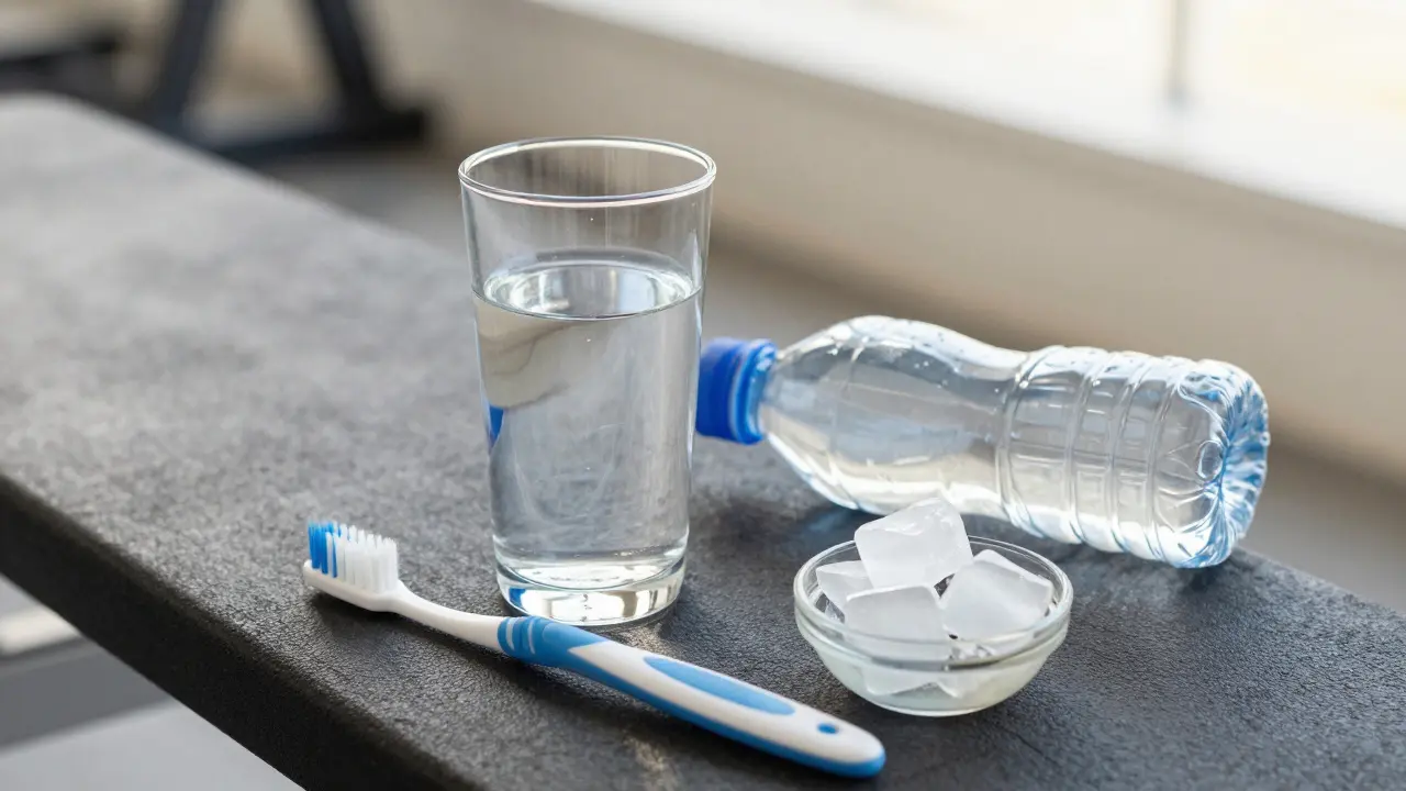 Sklenice vody a zubní kartáček jako symbol hydratace