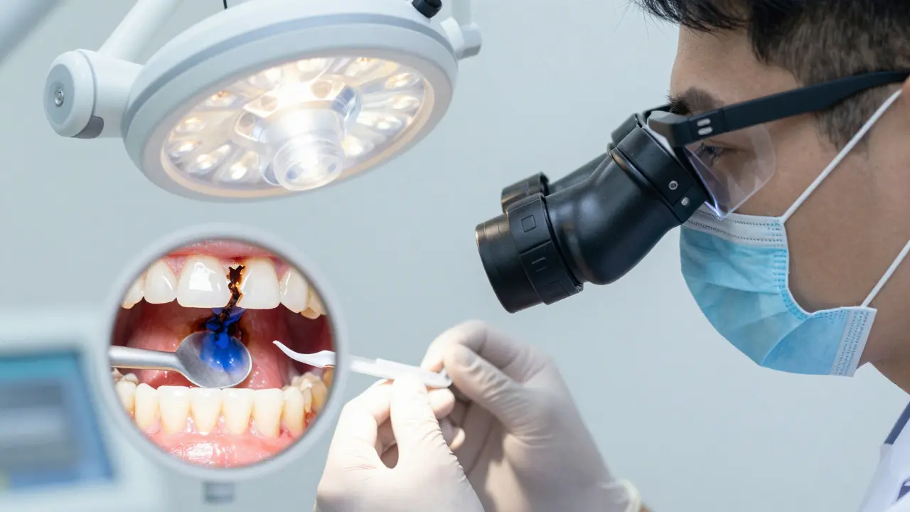 Stomatolog diagnostikuje prasklinu pomocí mikroskopu a barviva