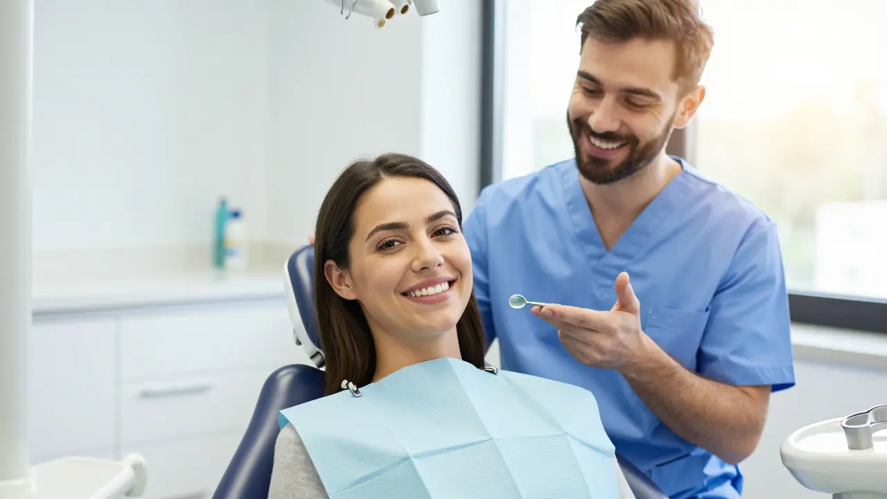 Usmívající se pacientka s dentistou v ordinaci