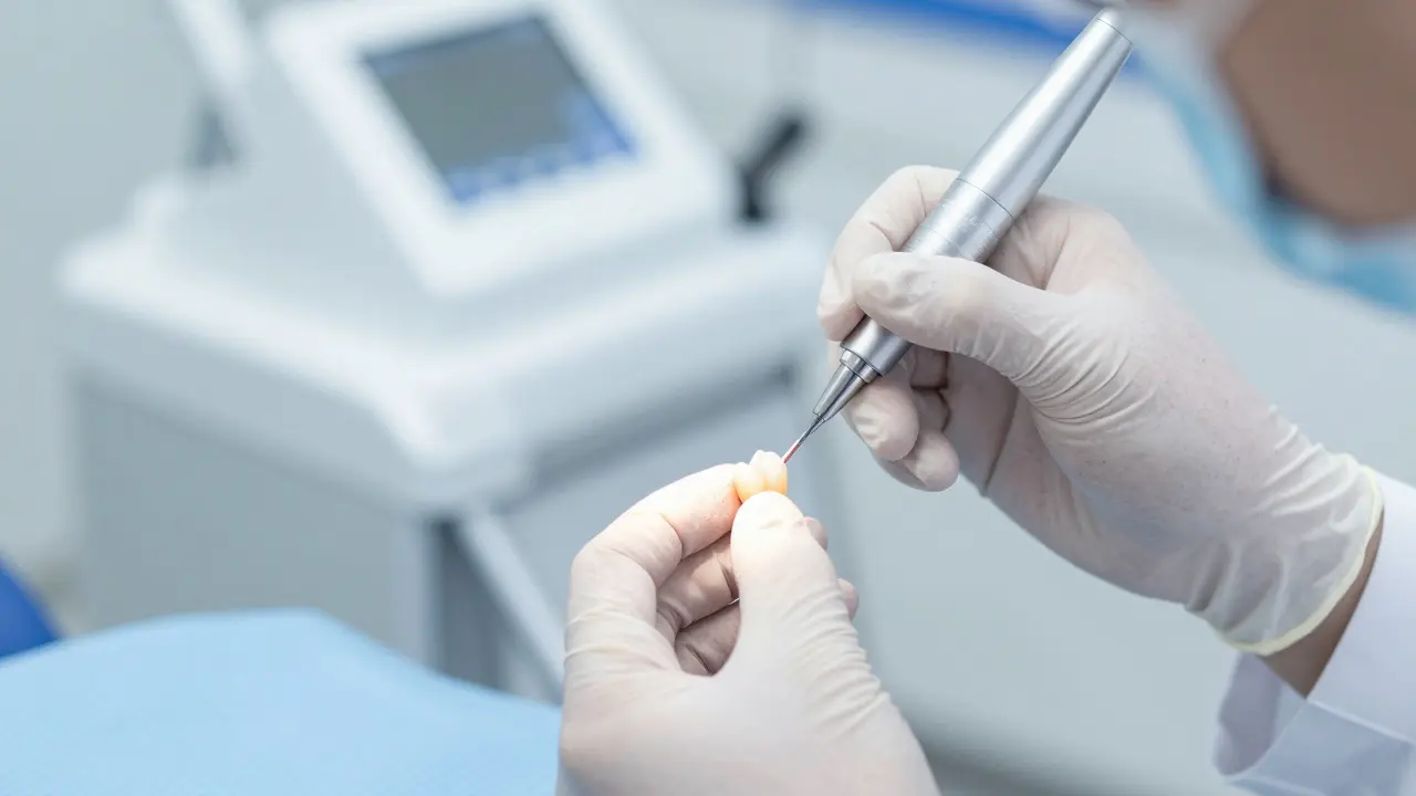 Zubní lékař aplikuje estetickou kompozitní výplň na přední zub