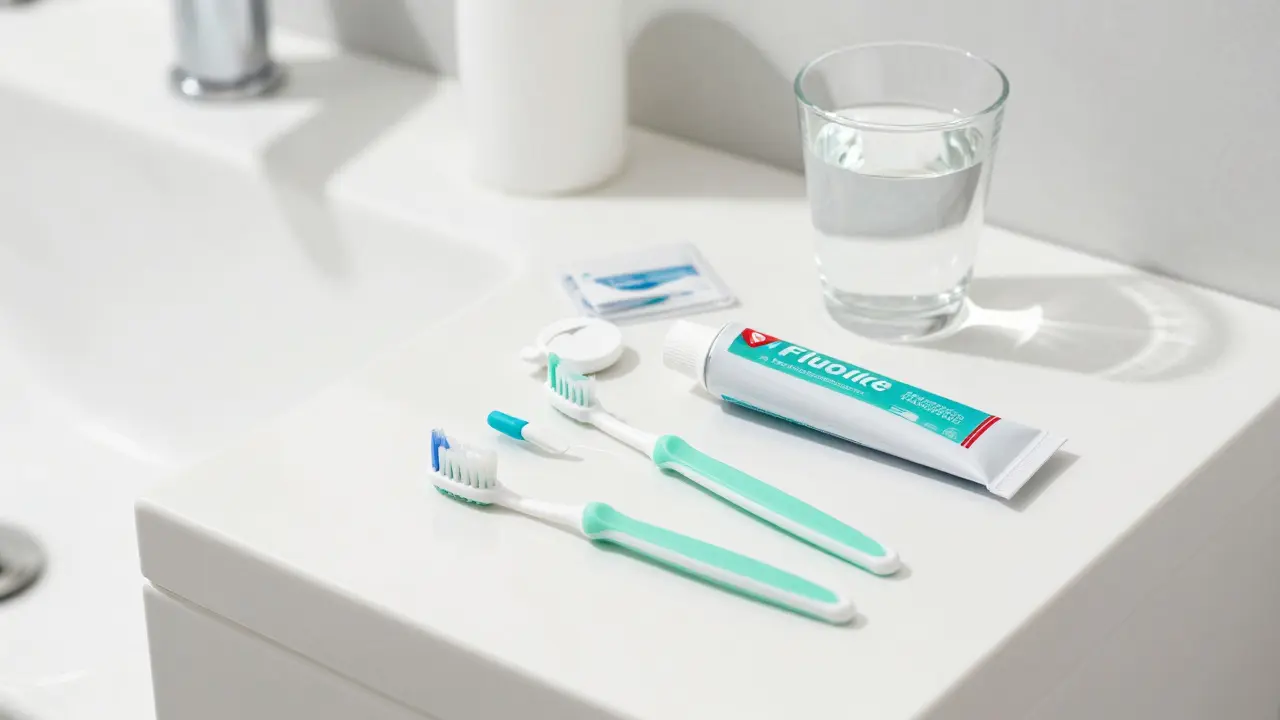 Zubní nit, mezizubní kartáčky a pasta s fluoridem pro domácí prevenci kazu
