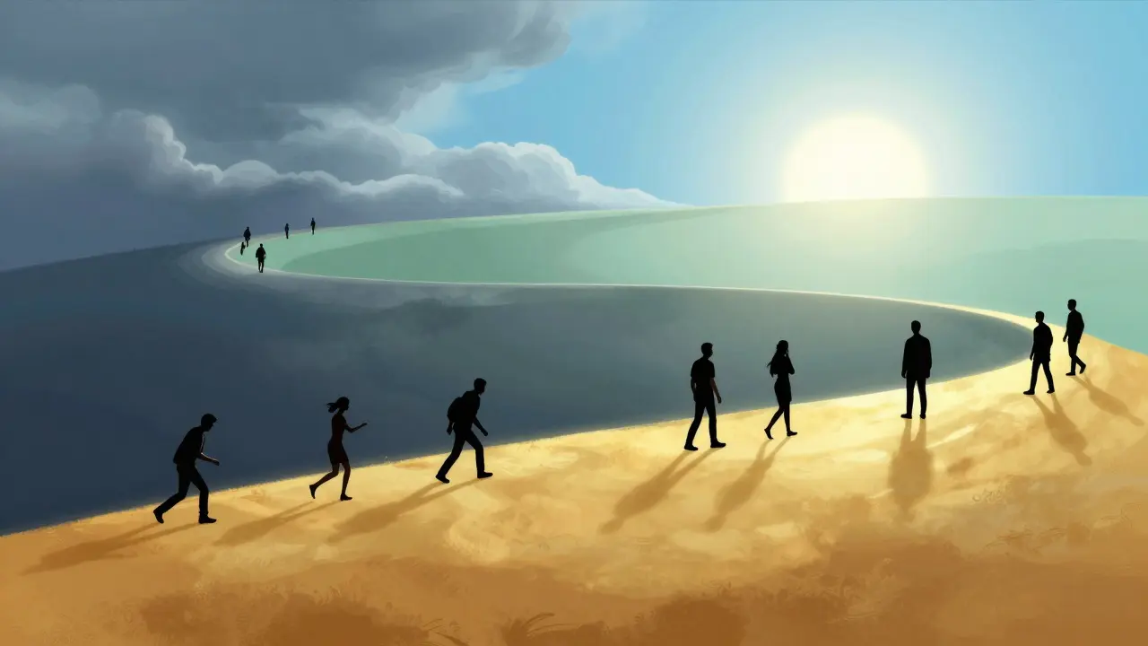 Abstraktní ilustrace emocionální cesty při léčbě rovnátky