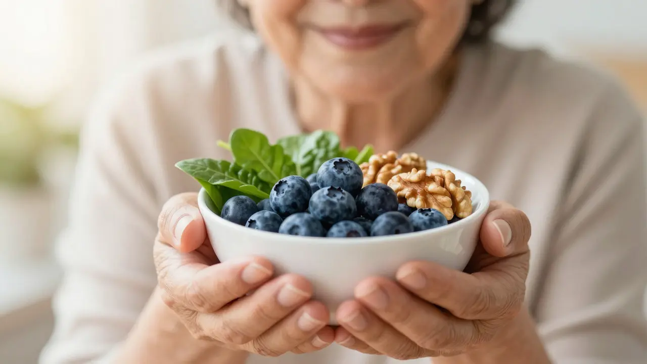 Dospělá osoba s čerstvými potravinami bohatými na antioxidanty pro zdraví mozku.