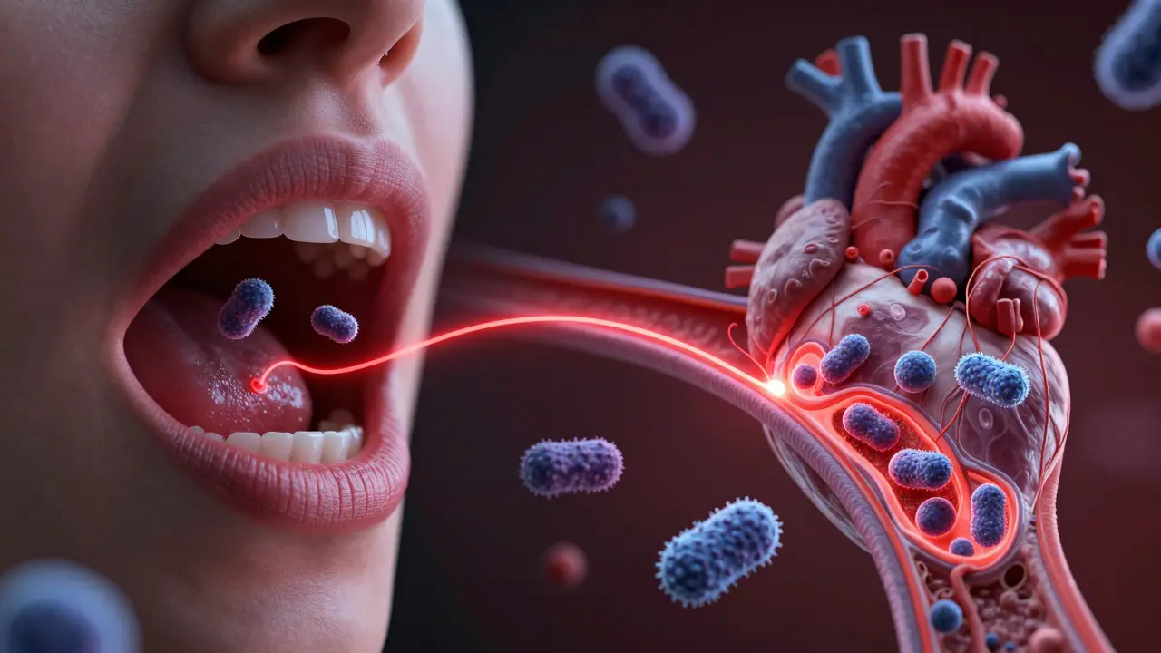 Koncept spojení ústní hygieny a srdečních chorob přes krevní oběh
