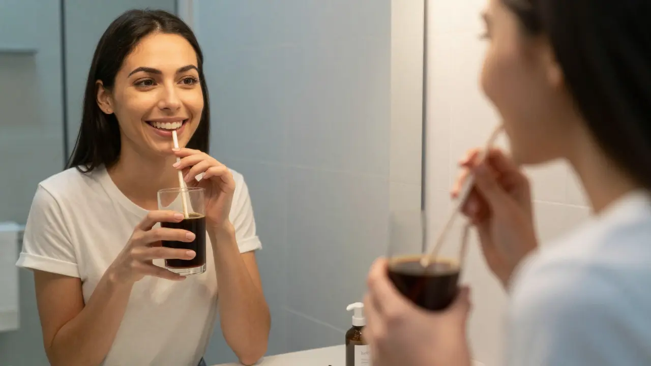 Osoba pije tmavý nápoj pomocí slamky u zrcadla