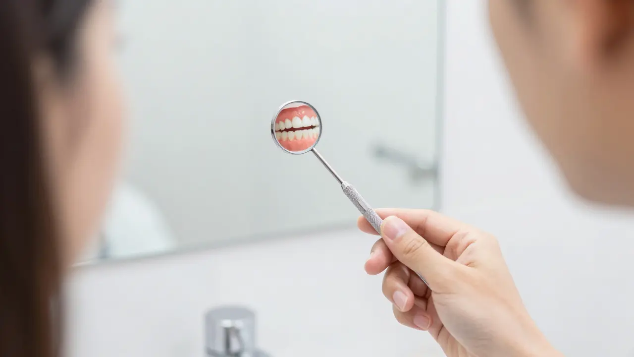 Osoba používající dentální zrcátko k prohlídce zadních zubů