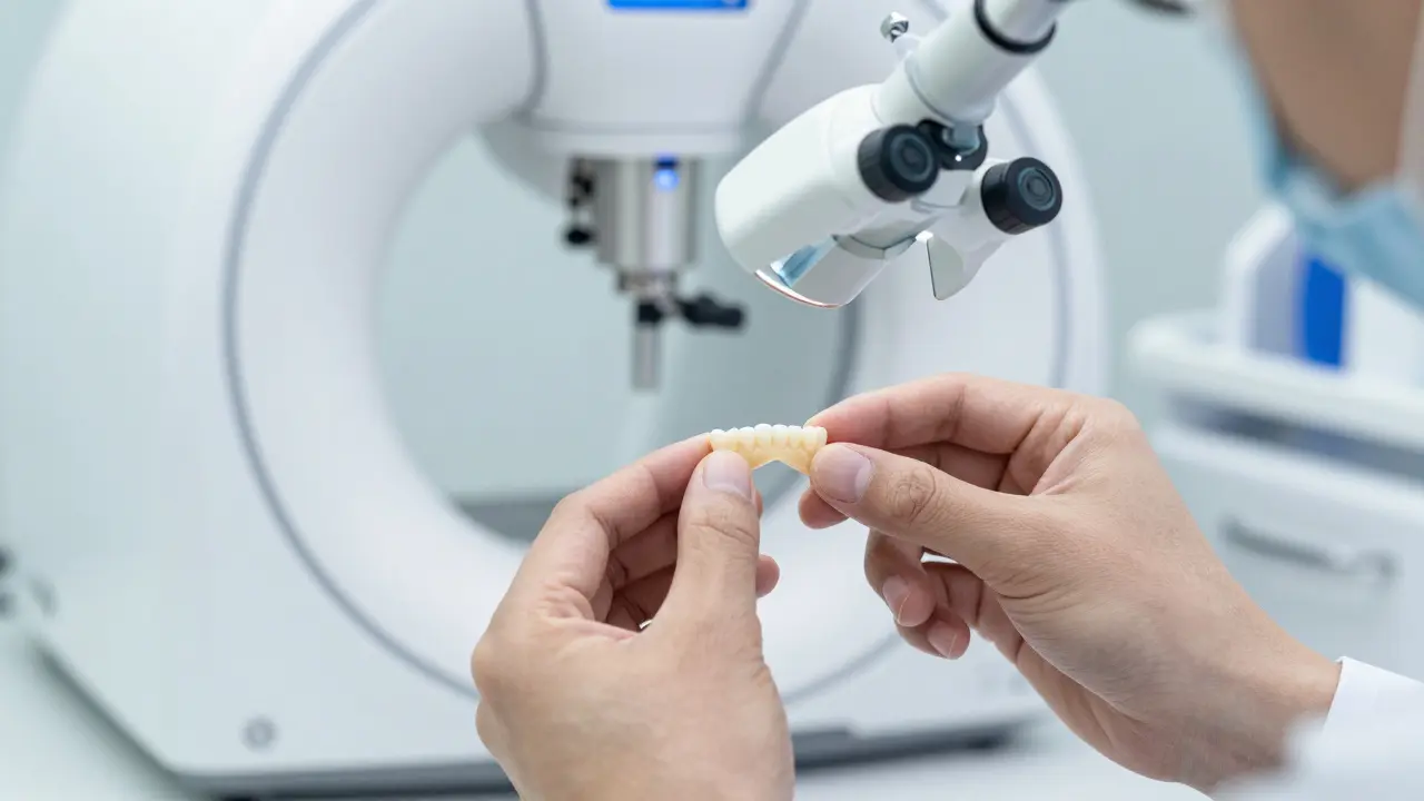 Technik kontroluje keramickou onlay v laboratoři
