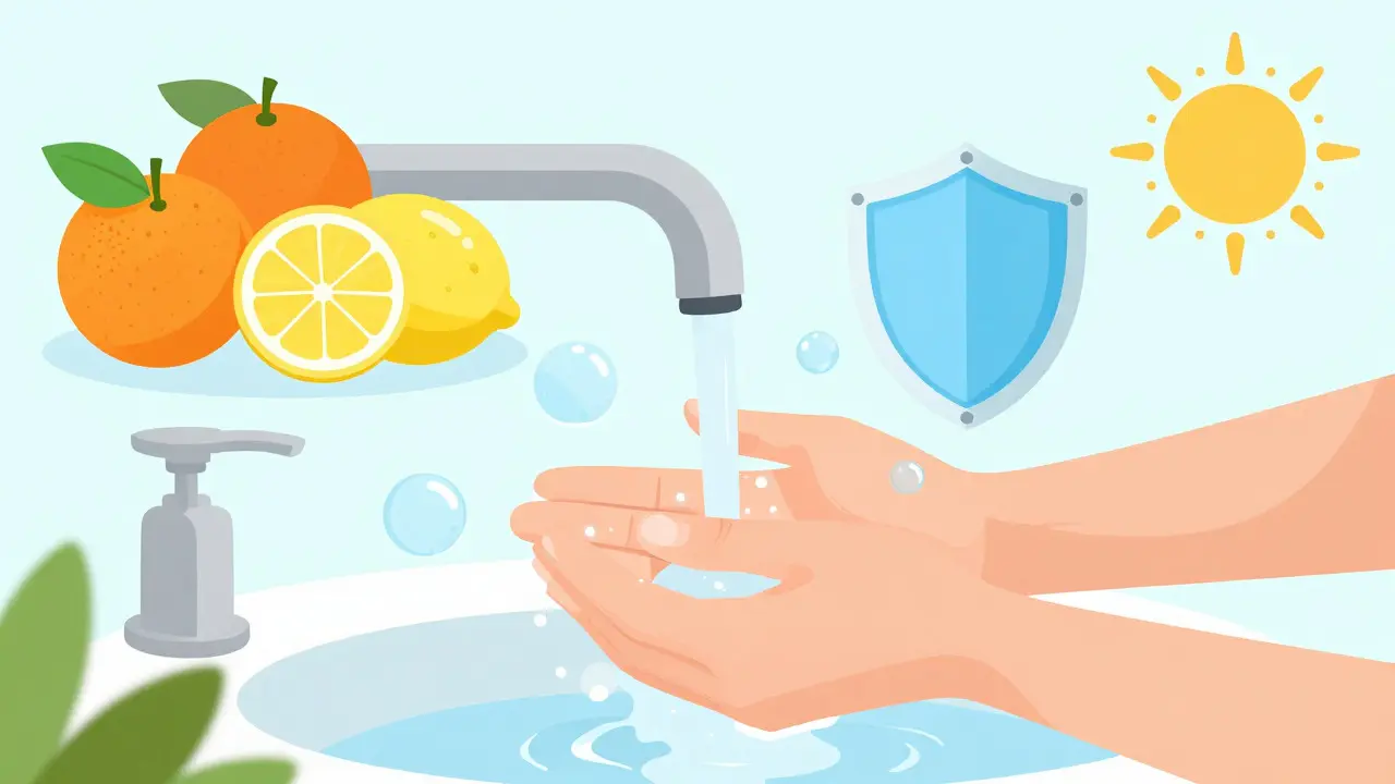 Ilustrace mytí rukou a ovoce pro prevenci virových infekcí
