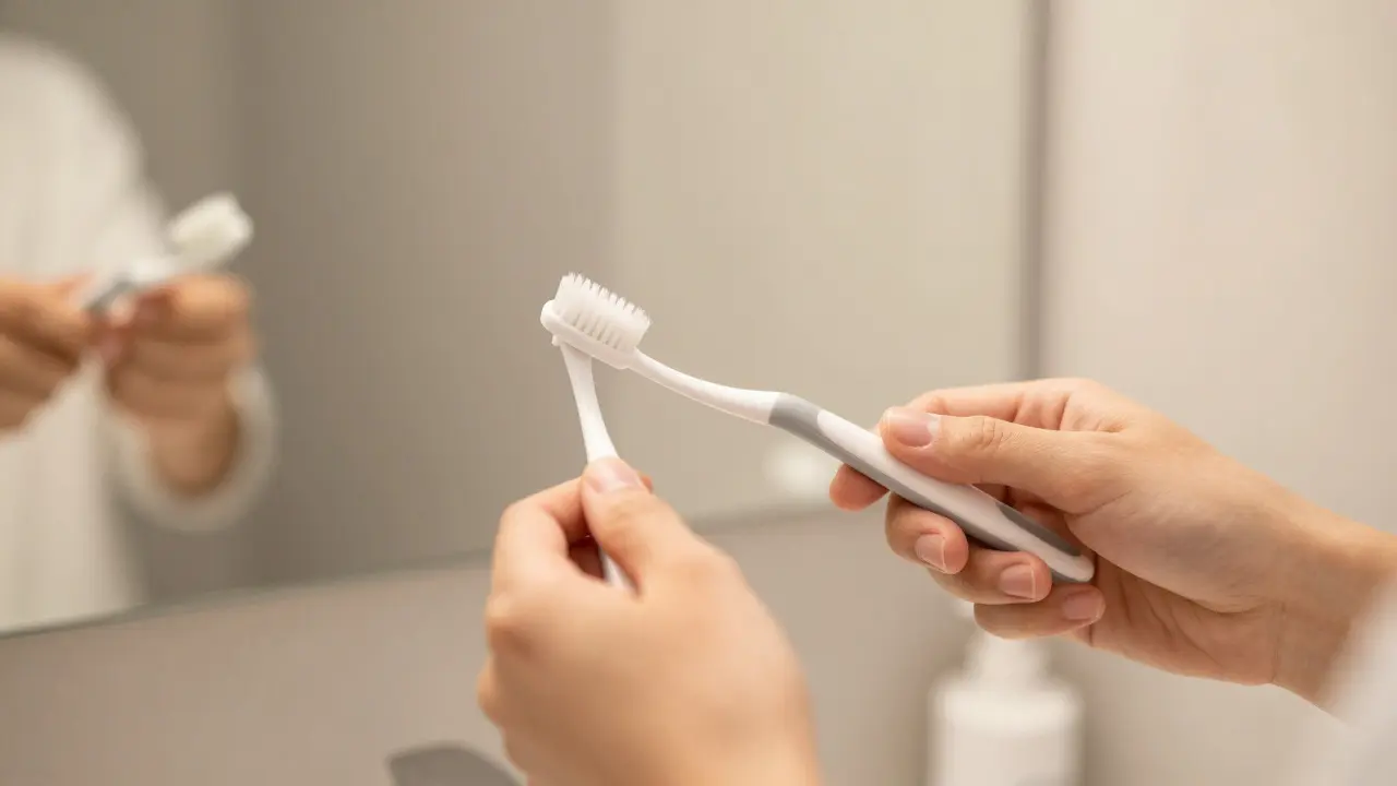 Ruka drží zubní kartáček pod správným úhlem pro čištění dásní v koupelně
