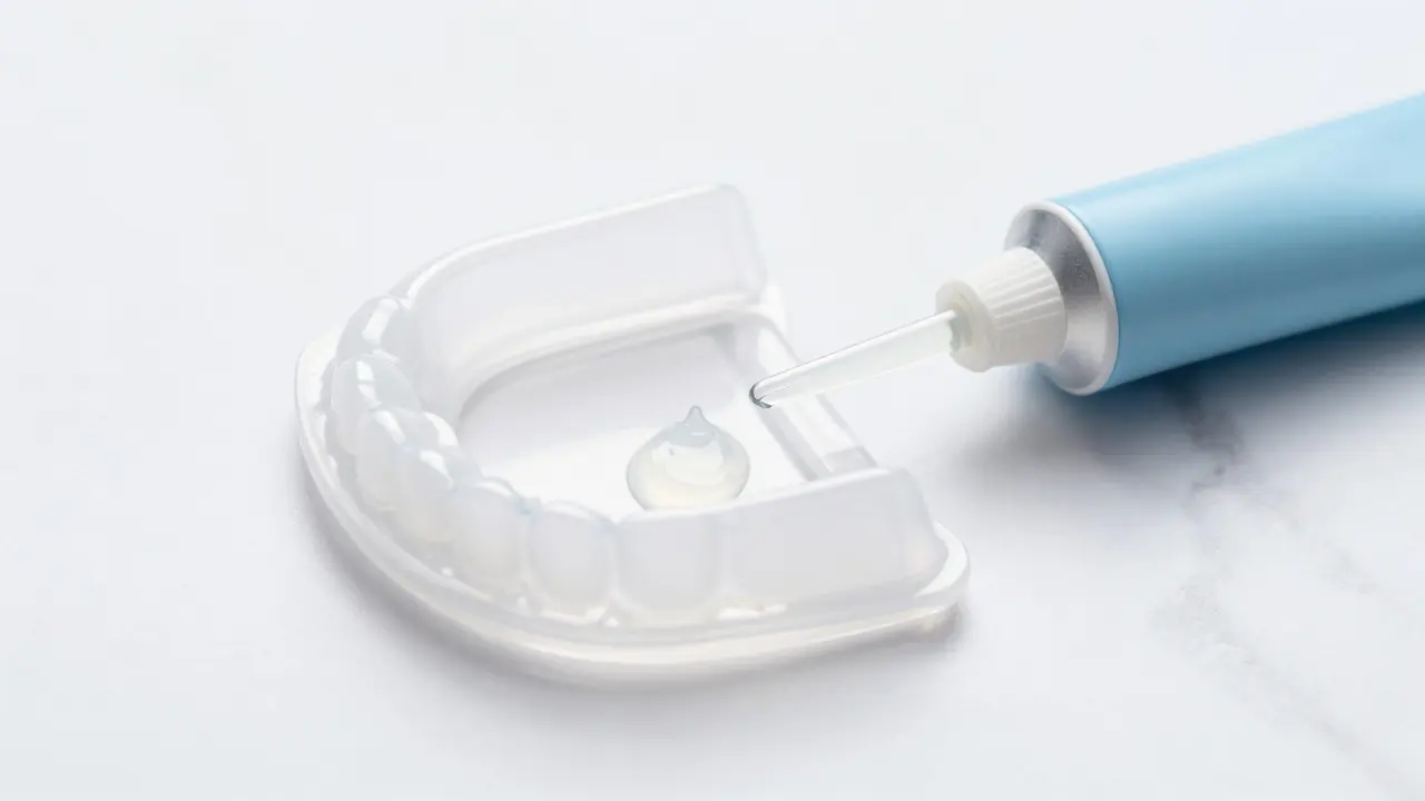 Silicone dental tray with whitening gel and tube arranged on a white marble surface