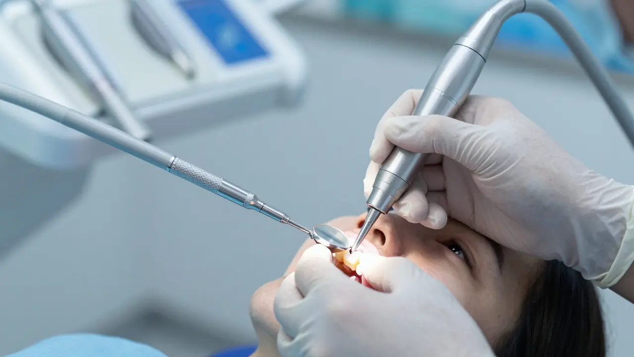 Stomatolog brousí zub speciálním nástrojem pro přípravu korunky