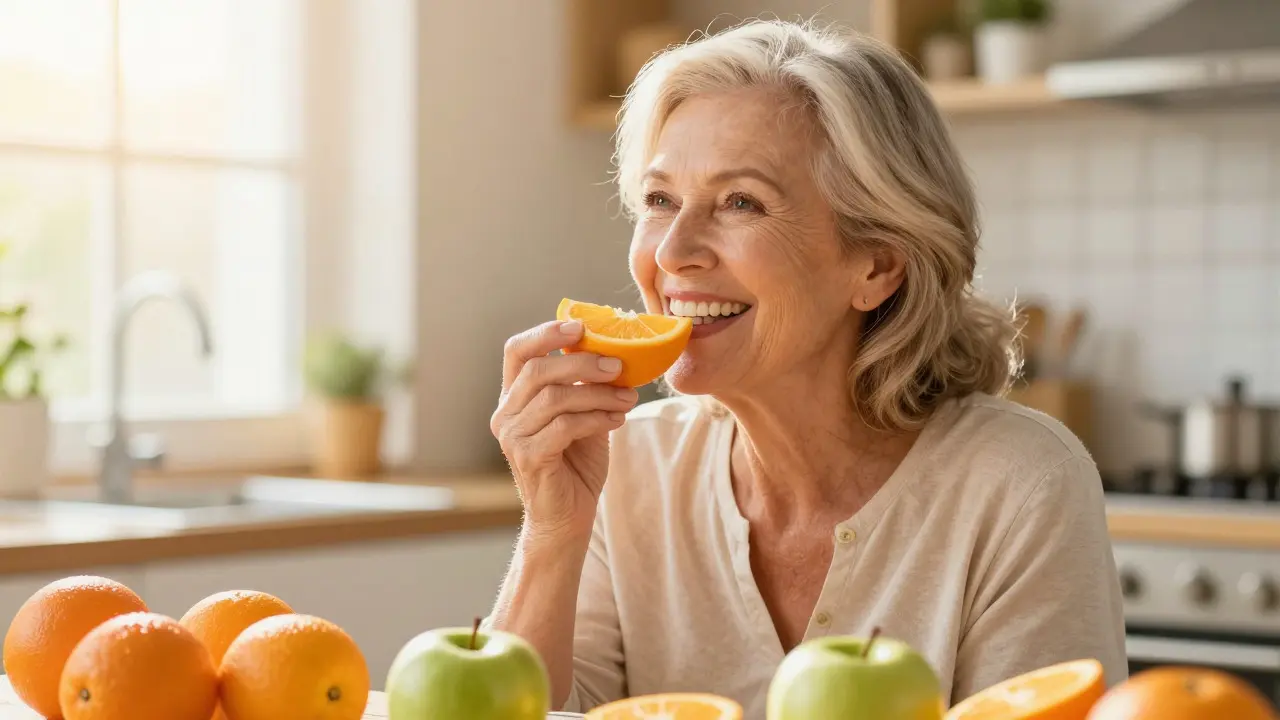 Usmívající se seniorka jedící ovoce v osluněné kuchyni
