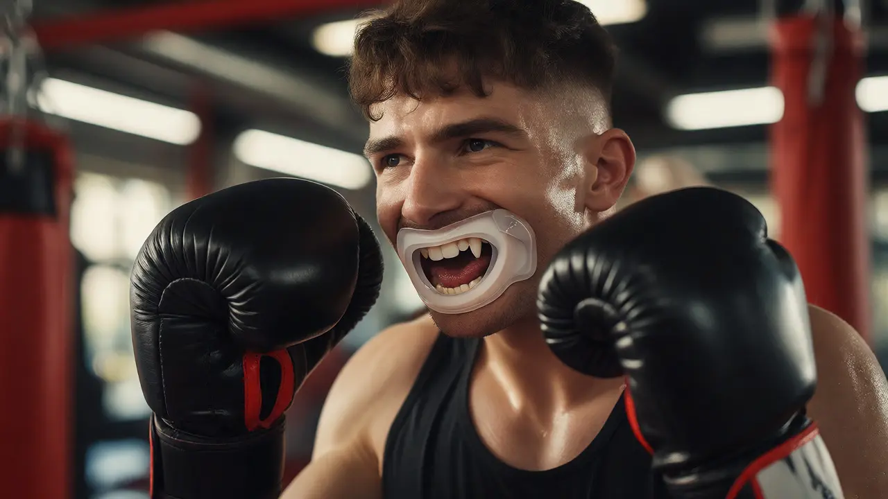 Boxer v tréninku s ochranným náustkem chránícím zuby
