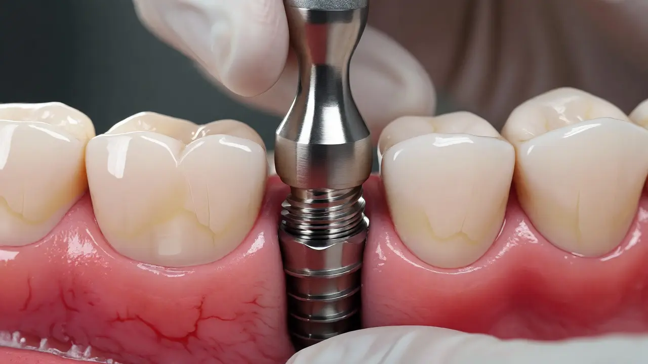 Chirurgické zavedení titanového zubního implantátu do dásně
