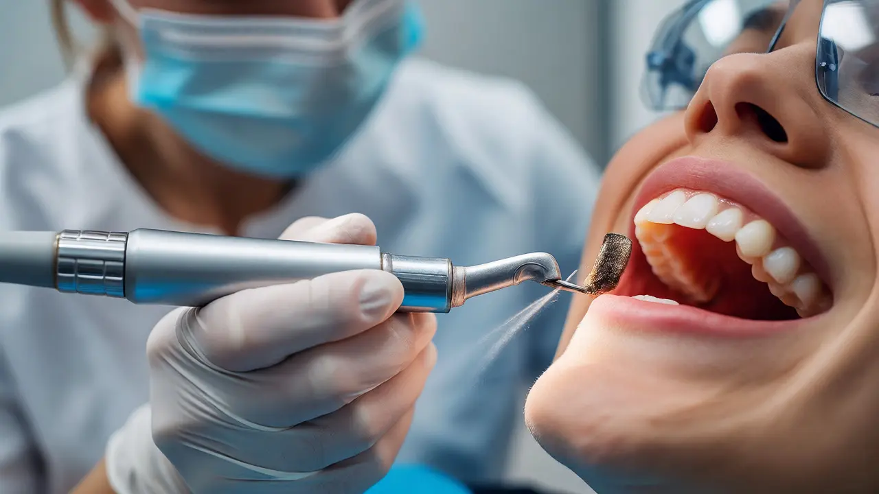 Dentální hygienista odstraňuje zubní kámen ultrazvukem