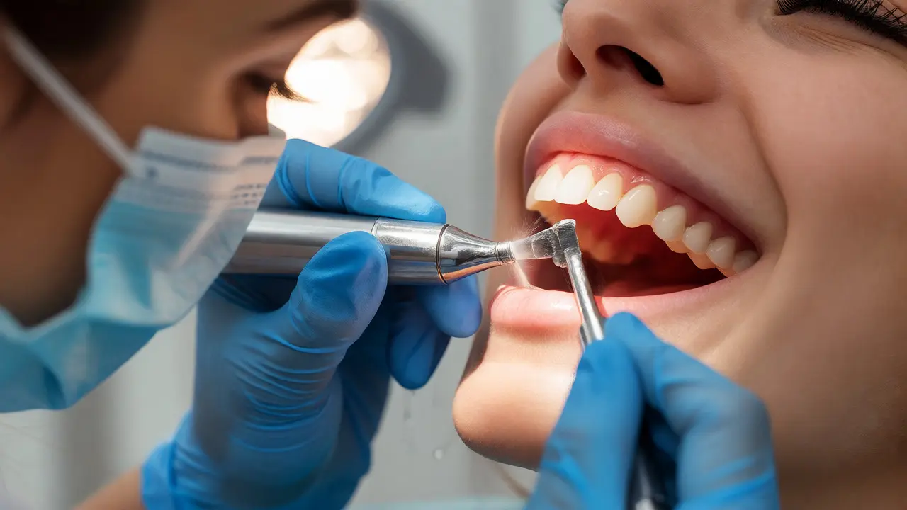 Dentální hygienistka odstraňuje zubní kámen ultrazvukem