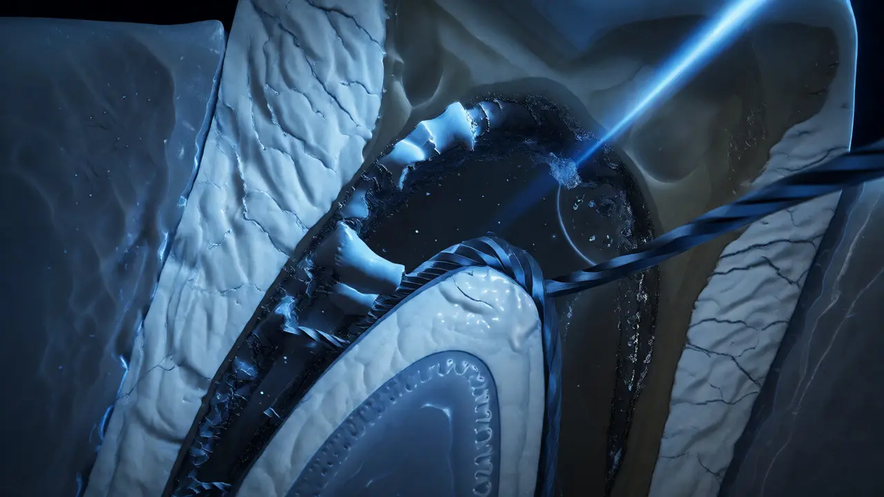 Detail kořenového kanálku s nástroji při čištění staré výplně.