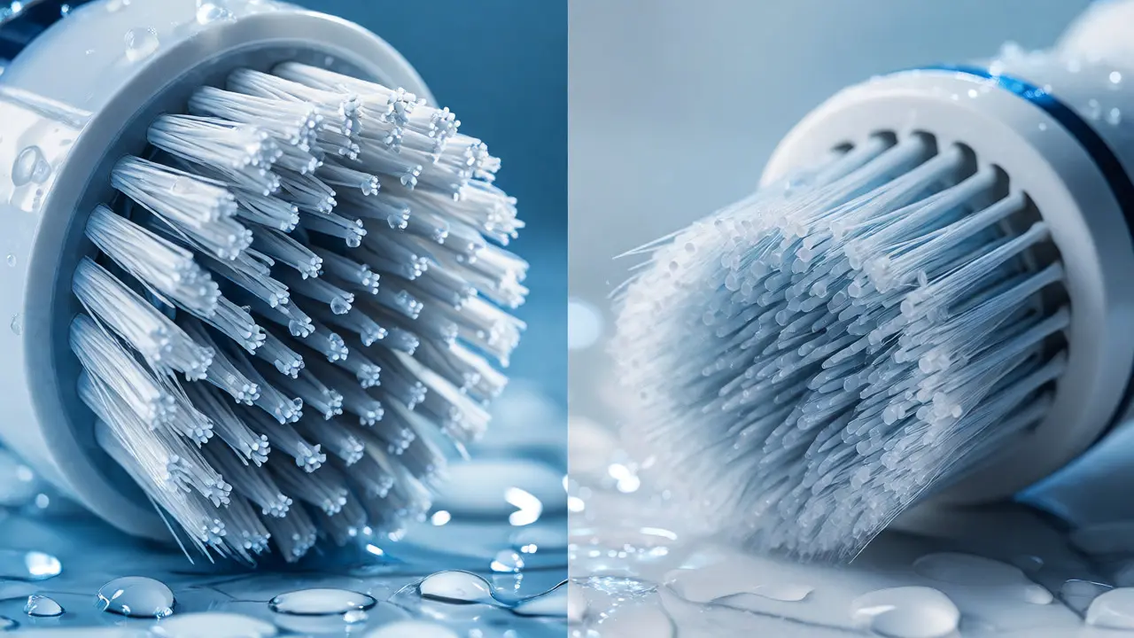 Detailní makro záběr na štětiny obou typů kartáčků