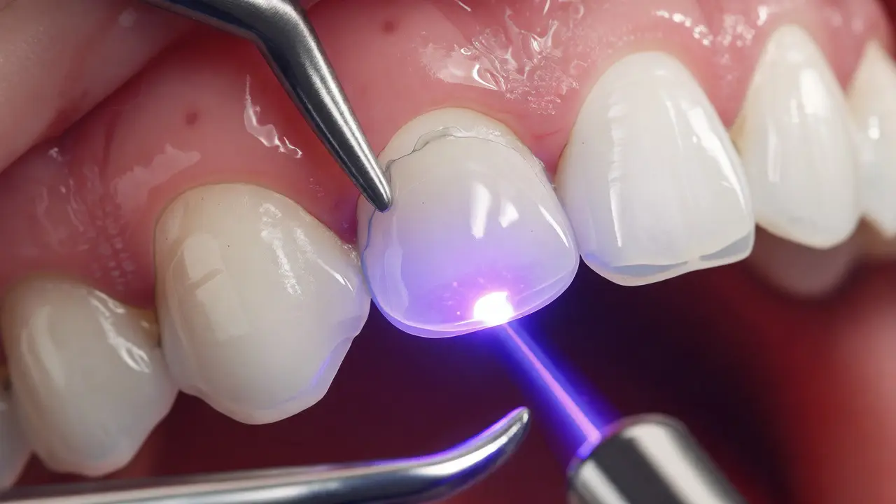 Detailní záběr na nalepování keramické facety pomocí UV světla