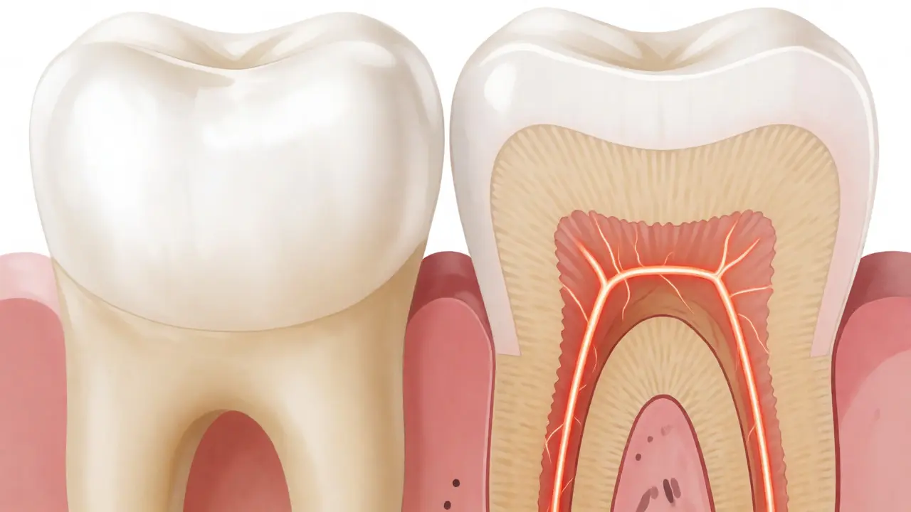Ilustrace řezu zubem ukazující odhalený dentin a kanálky vedoucí k nervu.