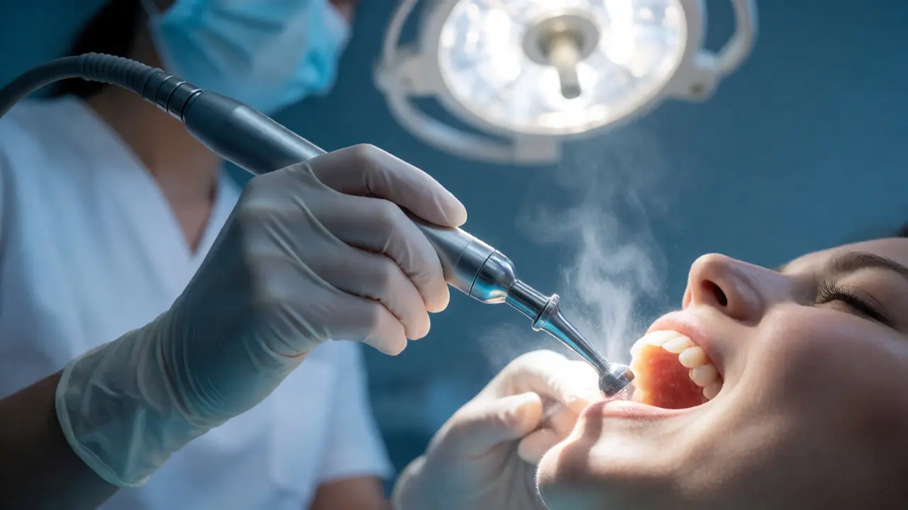 Odstraňování zubního kamene ultrazvukem s vodním sprejem při dentální hygieně.