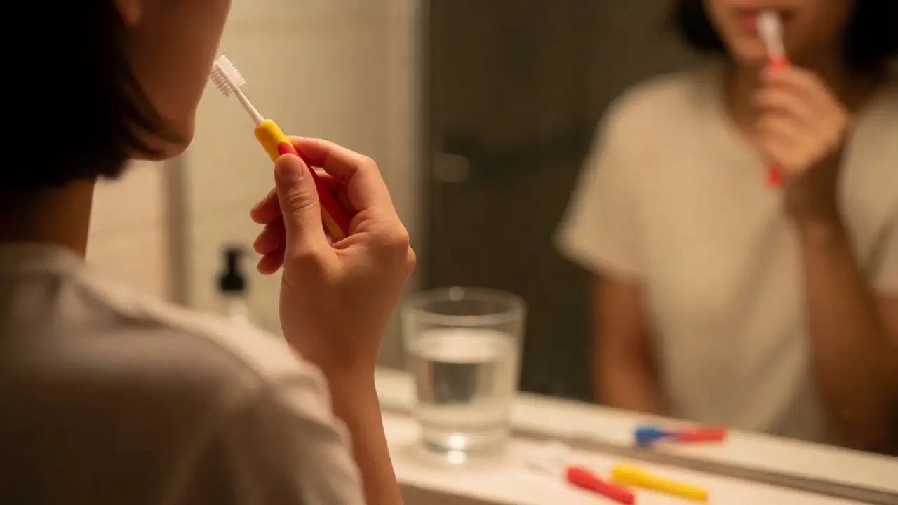Osoba používá mezizubní kartáček při večerní hygieně úst