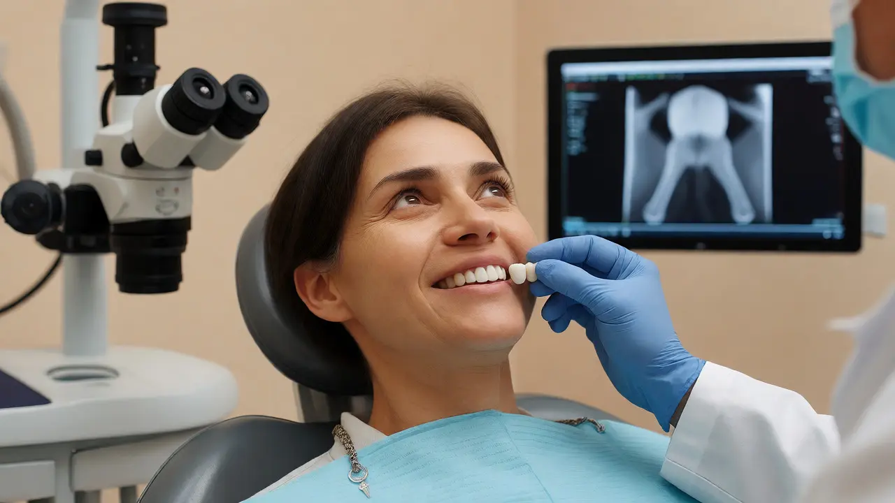 Pacient v zubním křesle po dokončení reendodoncie s provizorní výplní.