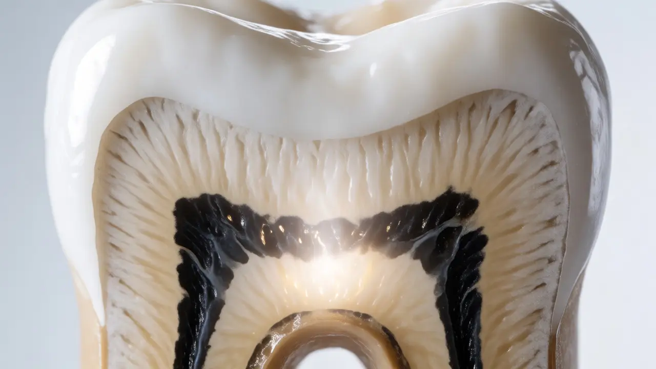 Řez zubem ukazující hluboké tmavé pruhy uvnitř skloviny a dentinu.
