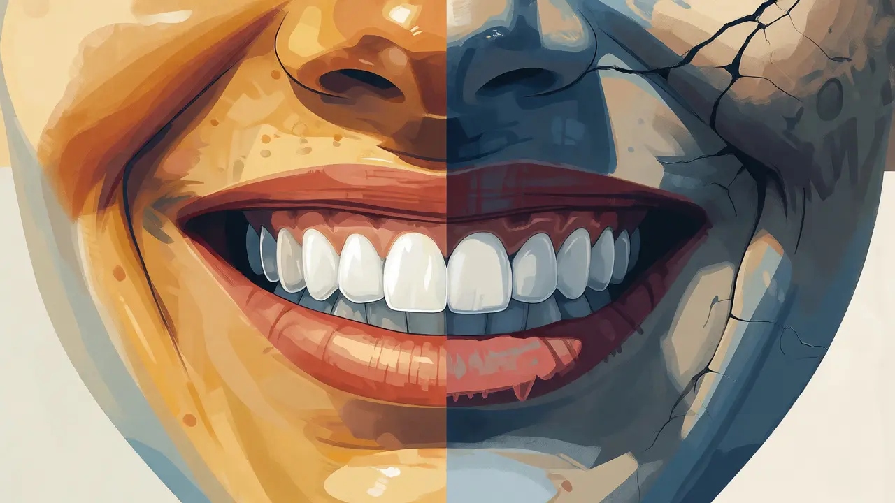 Umělecká ilustrace rozhodování mezi riziky a výhodami stomatologie