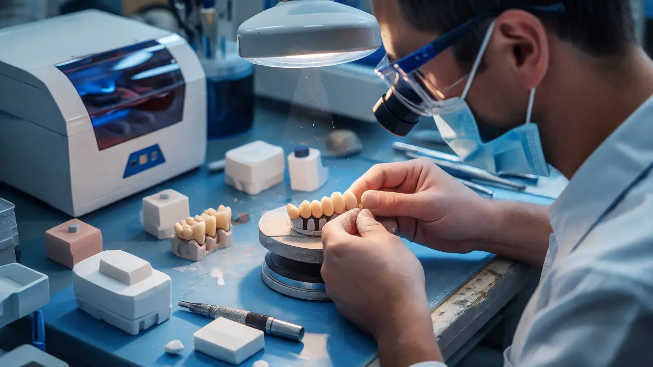 Zubní technik ručně dokončuje keramickou korunku v laboratoři