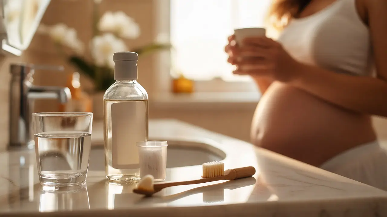 Dentální hygiena pro těhotné: měkký kartáček, nit a voda na umyvadle