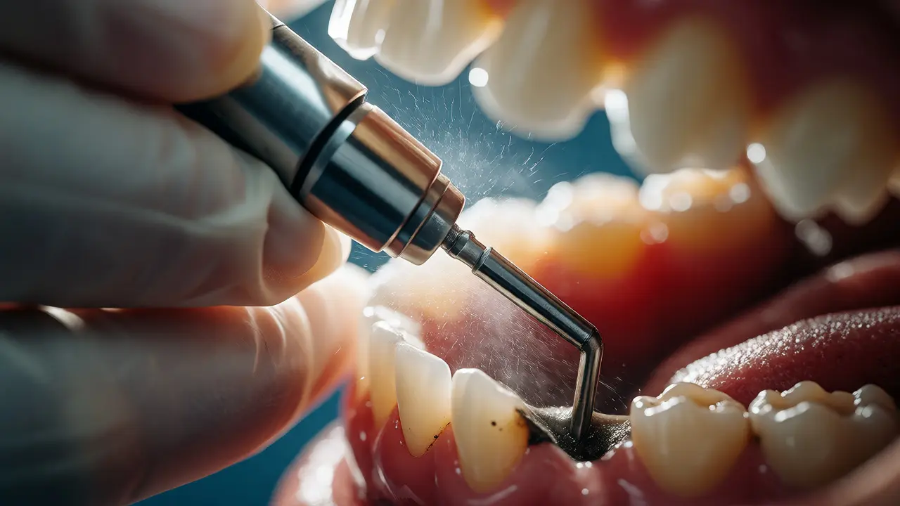 Dentální hygienistka odstraňuje subgingivální kámen ultrazvukem.