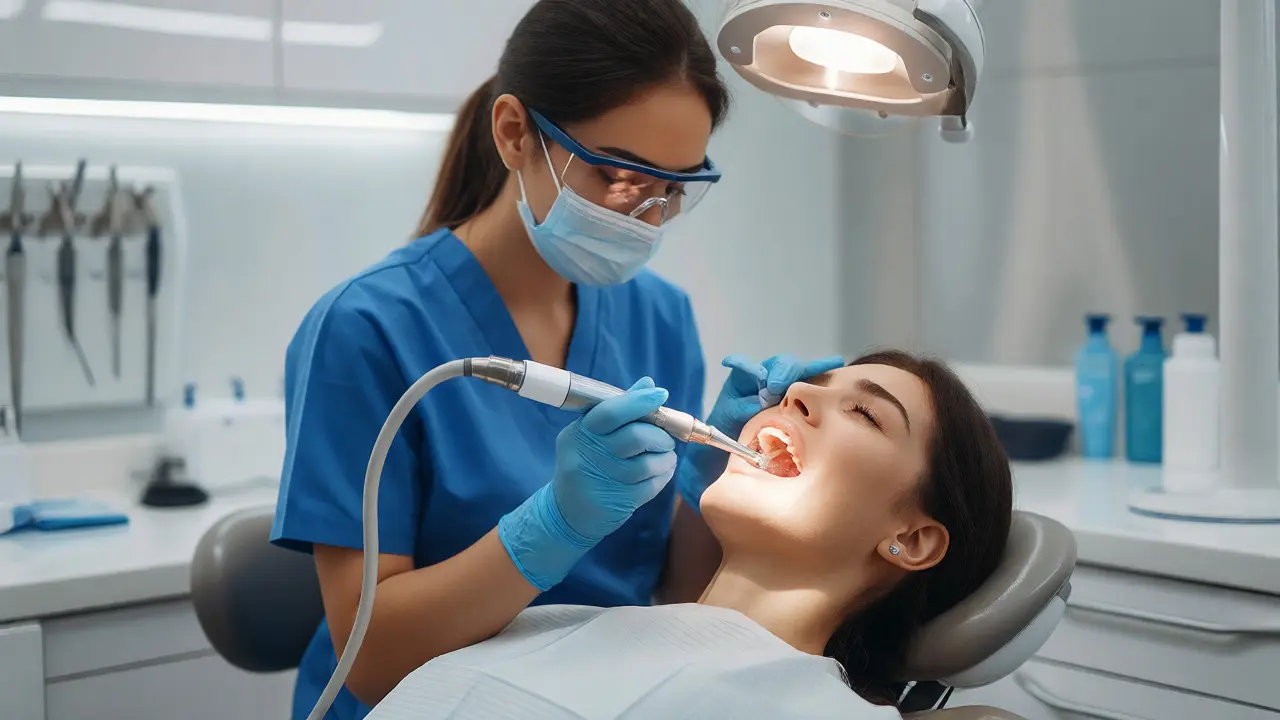 Dentální hygienistka používá ultrazvukový přístroj