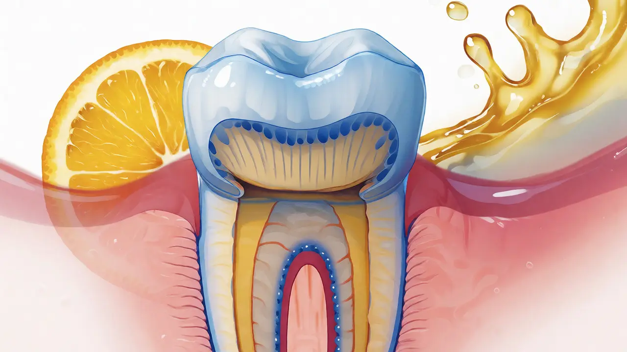 Ilustrace řezu předním zubem ukazující erozi skloviny a odhalený dentin.