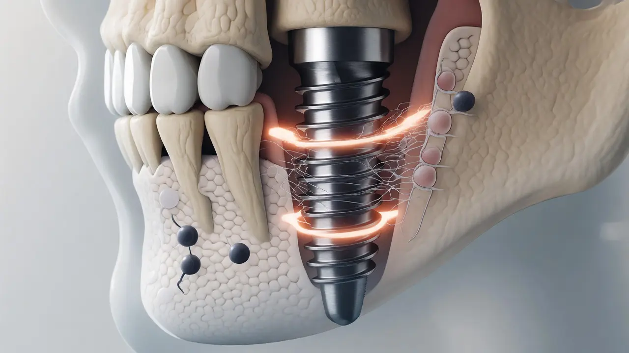 Ilustrace srostání titanového implantátu s čelistní kostí