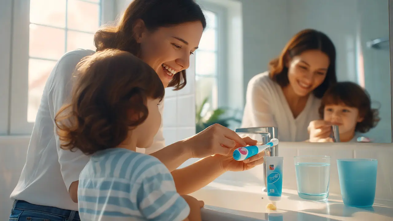 Matka pomáhá malému dítěti čistit zuby elektrickým kartáčkem v koupelně