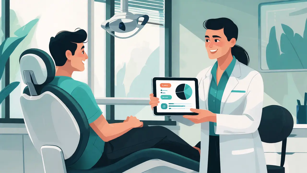 Pacient v ordinaci řeší možnosti financování se specialistou s tabletem