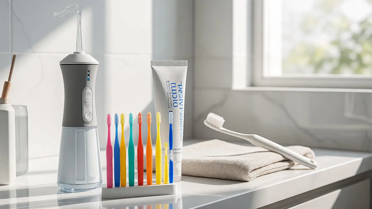 Sada nástrojů pro ústní hygienu včetně irigátoru a mezizubních kartáčků