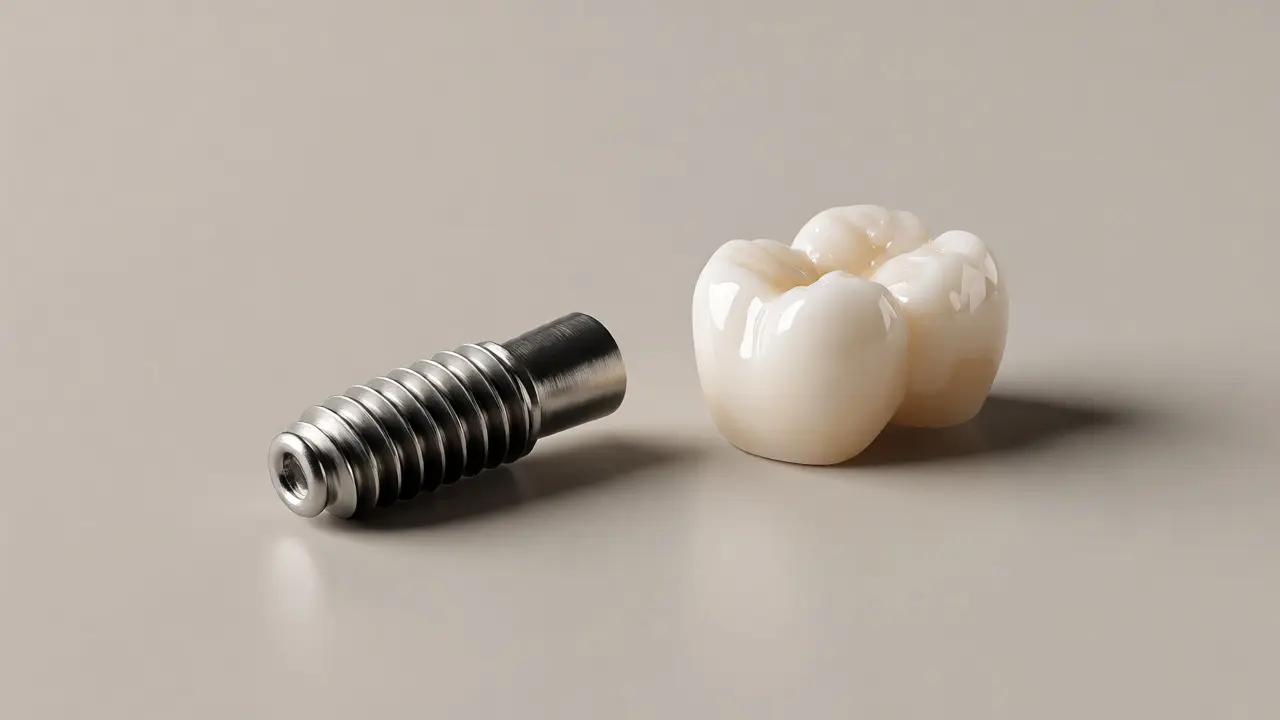 Titanový implantát a keramická korunka vedle sebe